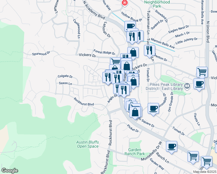 map of restaurants, bars, coffee shops, grocery stores, and more near 5644 North Academy Boulevard in Colorado Springs