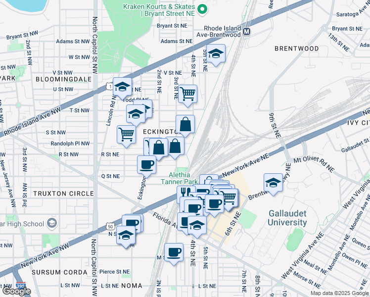 map of restaurants, bars, coffee shops, grocery stores, and more near 326 R Street Northeast in Washington