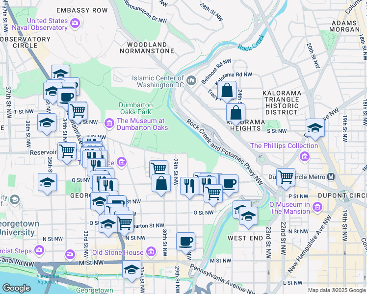 map of restaurants, bars, coffee shops, grocery stores, and more near 3001 R Street Northwest in Washington