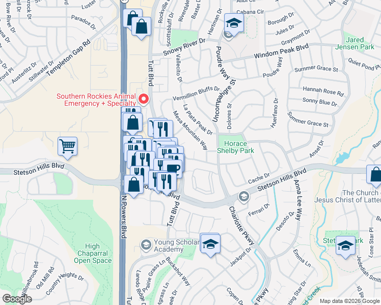 map of restaurants, bars, coffee shops, grocery stores, and more near 5626 Grays Peak Court in Colorado Springs