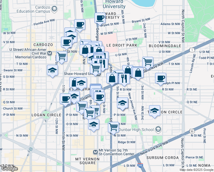 map of restaurants, bars, coffee shops, grocery stores, and more near 611 Rhode Island Avenue Northwest in Washington