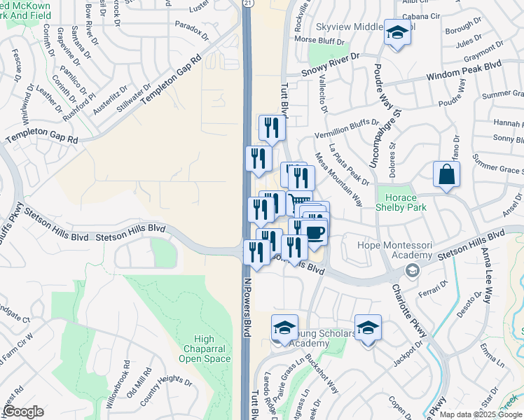 map of restaurants, bars, coffee shops, grocery stores, and more near 5910 Stetson Hills Boulevard in Colorado Springs