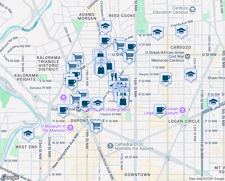 map of restaurants, bars, coffee shops, grocery stores, and more near 1711 New Hampshire Avenue Northwest in Washington