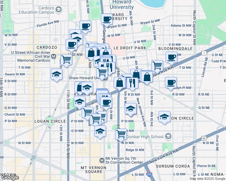 map of restaurants, bars, coffee shops, grocery stores, and more near 617 Rhode Island Avenue Northwest in Washington