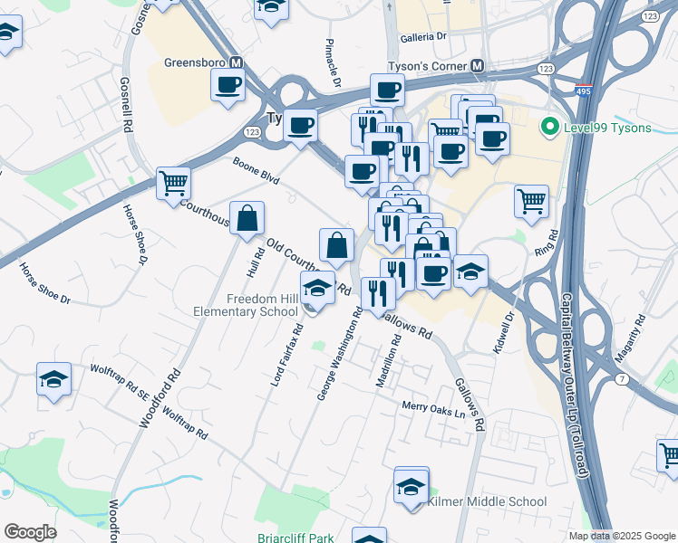 map of restaurants, bars, coffee shops, grocery stores, and more near 8212 State Route 677 in Tysons