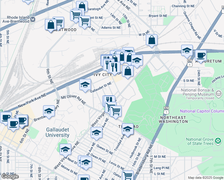 map of restaurants, bars, coffee shops, grocery stores, and more near 1825 Providence Street Northeast in Washington