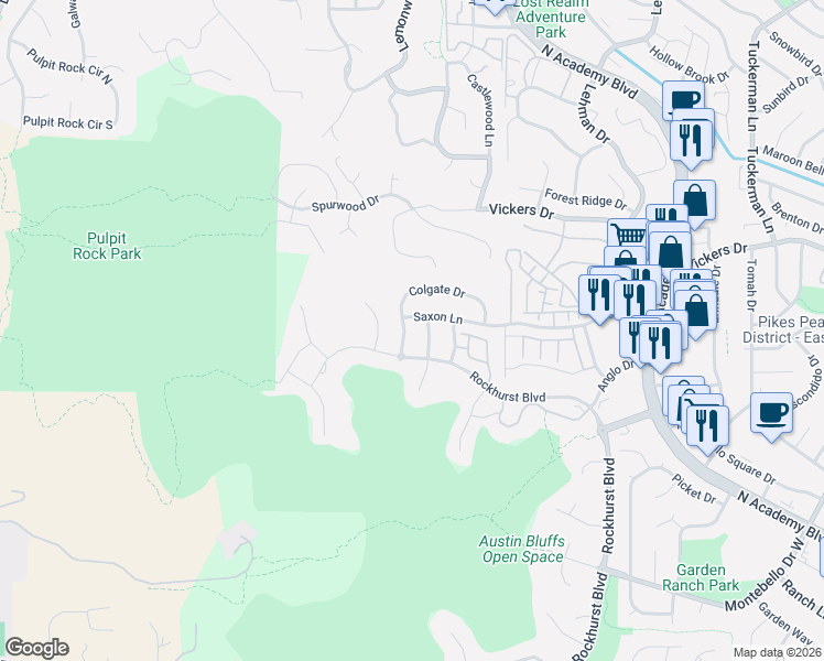 map of restaurants, bars, coffee shops, grocery stores, and more near 1645 Colgate Drive in Colorado Springs