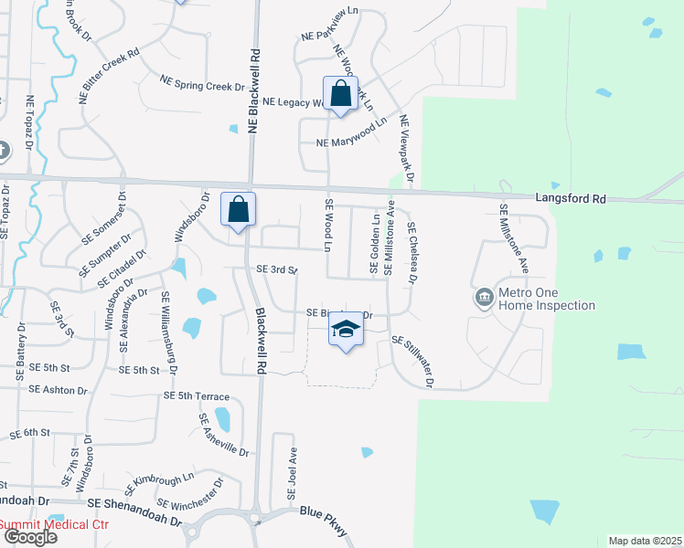 map of restaurants, bars, coffee shops, grocery stores, and more near 351 Southeast Highland Park Drive in Lee's Summit