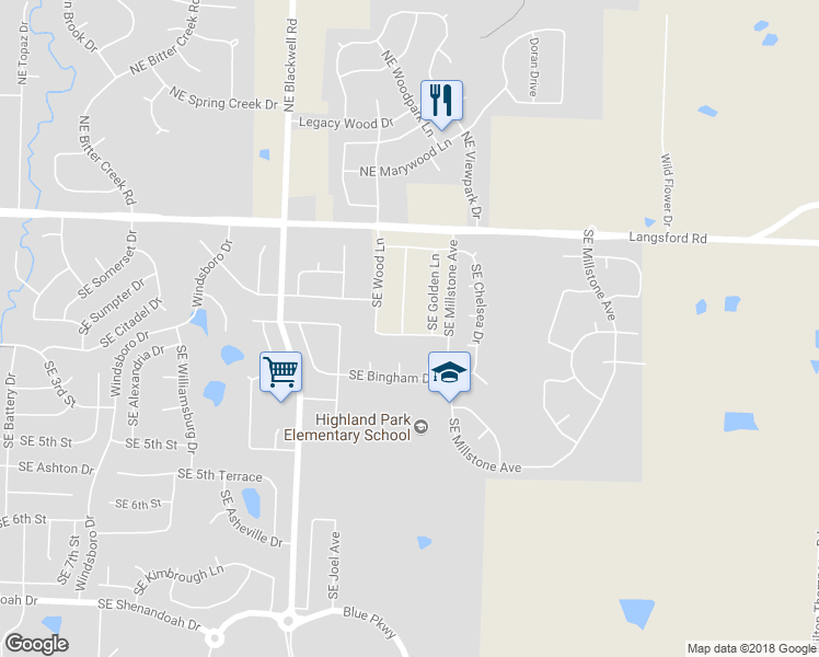 map of restaurants, bars, coffee shops, grocery stores, and more near 351 Southeast Highland Park Drive in Lee's Summit