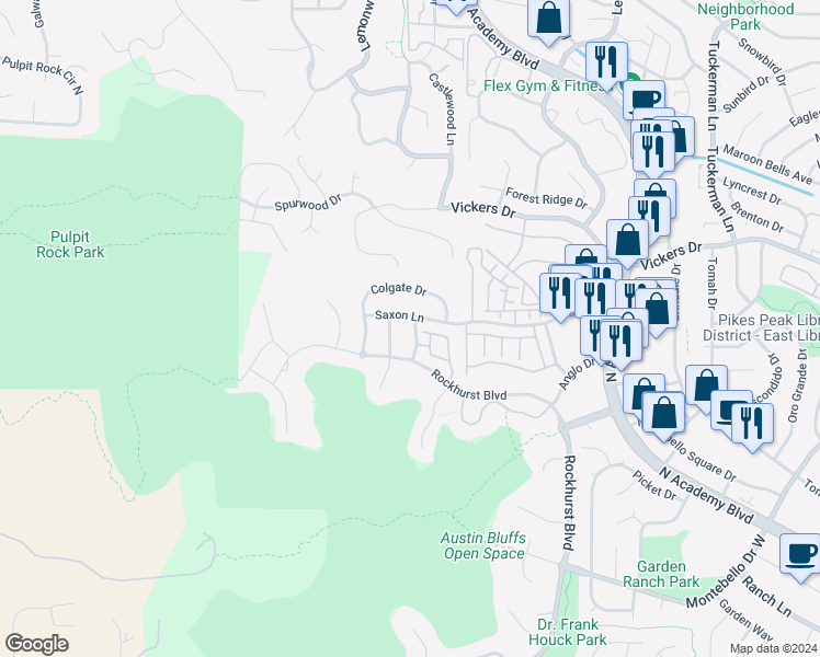 map of restaurants, bars, coffee shops, grocery stores, and more near 5670 Mercer Drive in Colorado Springs