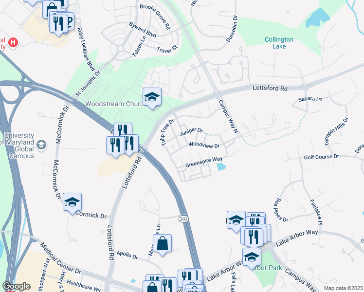 map of restaurants, bars, coffee shops, grocery stores, and more near 9800 Woodview Drive in Bowie