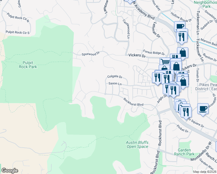 map of restaurants, bars, coffee shops, grocery stores, and more near 1645 Colgate Drive in Colorado Springs