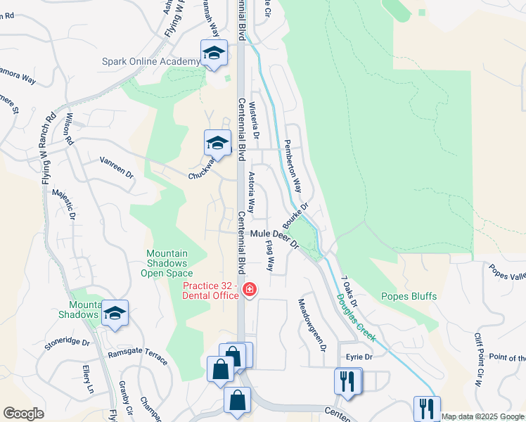 map of restaurants, bars, coffee shops, grocery stores, and more near 5640 Flag Way in Colorado Springs
