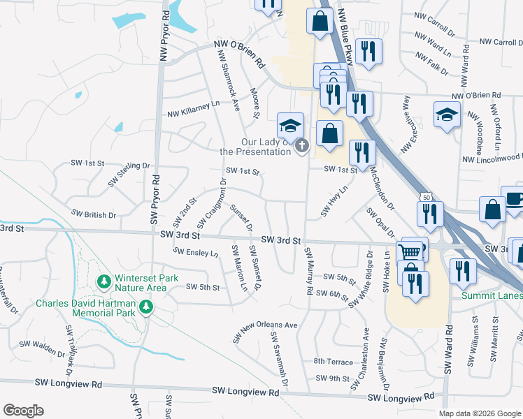 map of restaurants, bars, coffee shops, grocery stores, and more near 202 Southwest Pinnell Drive in Lee's Summit