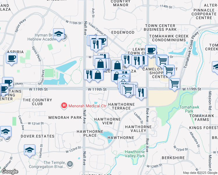 map of restaurants, bars, coffee shops, grocery stores, and more near 5220 West 119th Street in Leawood