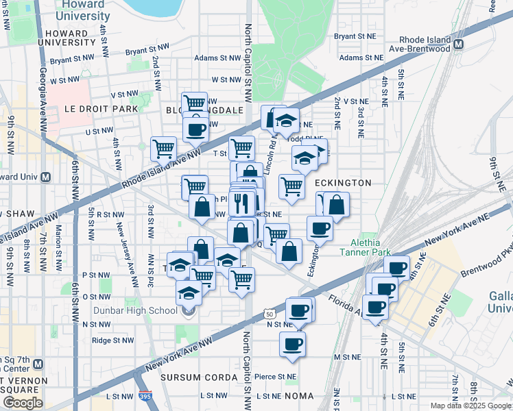 map of restaurants, bars, coffee shops, grocery stores, and more near 1712 Lincoln Road Northeast in Washington