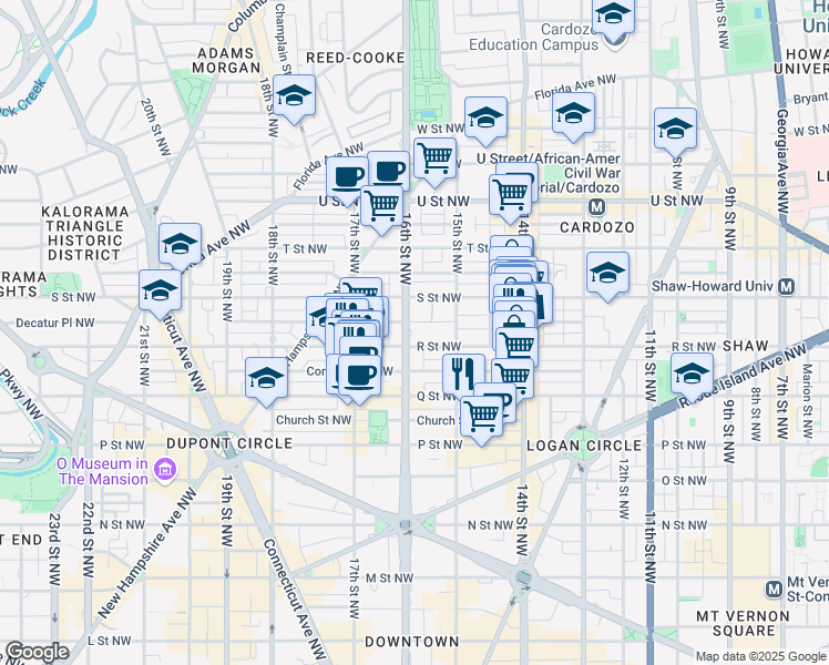 map of restaurants, bars, coffee shops, grocery stores, and more near 1701 16th Street Northwest in Washington