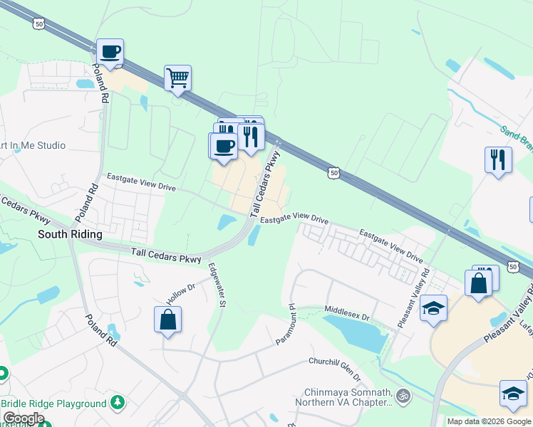 map of restaurants, bars, coffee shops, grocery stores, and more near 25451 Eastgate View Drive in Chantilly