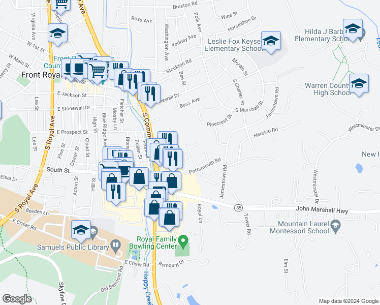 map of restaurants, bars, coffee shops, grocery stores, and more near 354 Jackson Lane in Front Royal