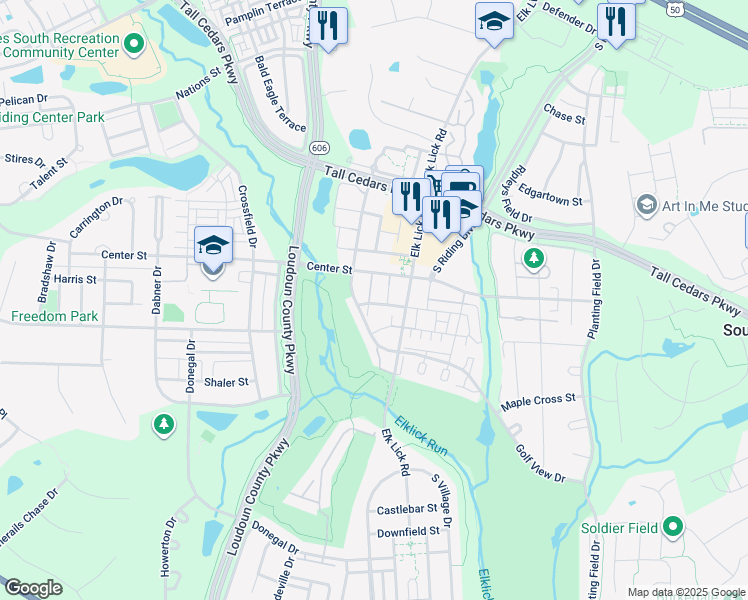 map of restaurants, bars, coffee shops, grocery stores, and more near 25460 Brickell Drive in Chantilly