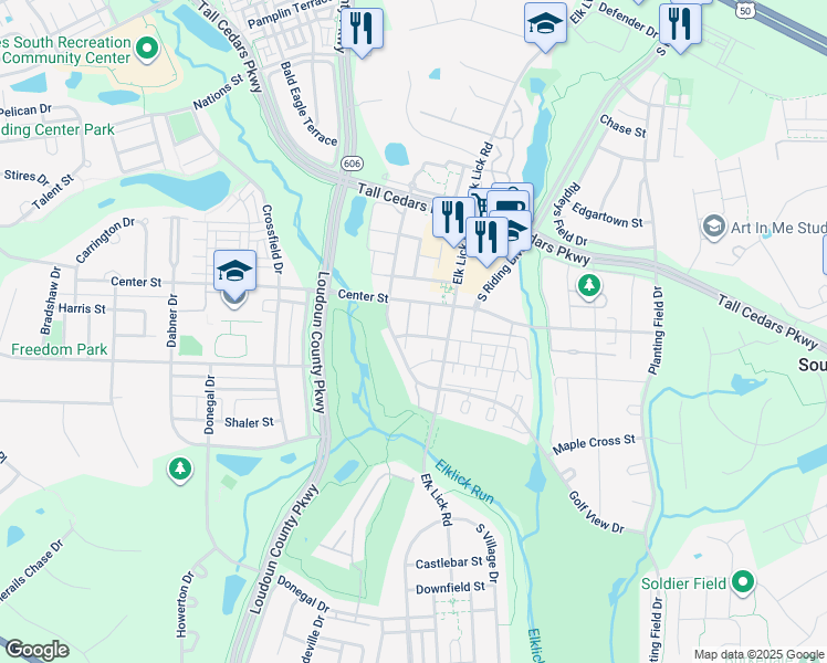 map of restaurants, bars, coffee shops, grocery stores, and more near 25460 Brickell Drive in Chantilly