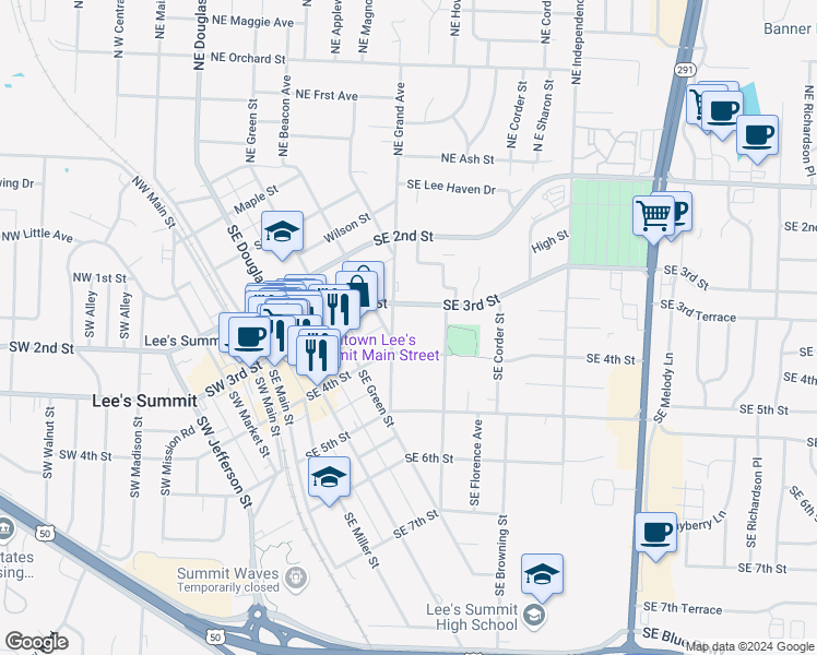 map of restaurants, bars, coffee shops, grocery stores, and more near 311 Southeast Grand Avenue in Lee's Summit