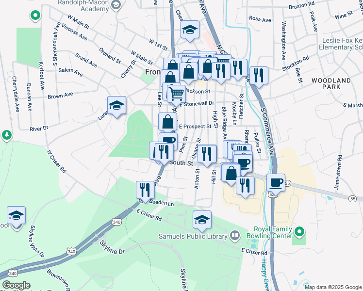 map of restaurants, bars, coffee shops, grocery stores, and more near 327 Pine Street in Front Royal