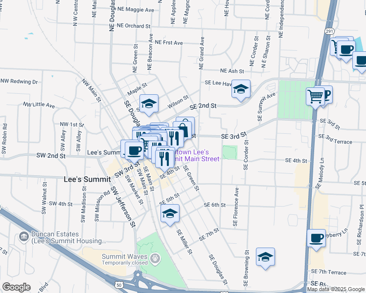 map of restaurants, bars, coffee shops, grocery stores, and more near 203 Southeast 3rd Street in Lee's Summit