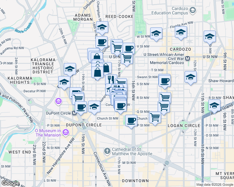 map of restaurants, bars, coffee shops, grocery stores, and more near 1712 17th Street Northwest in Washington