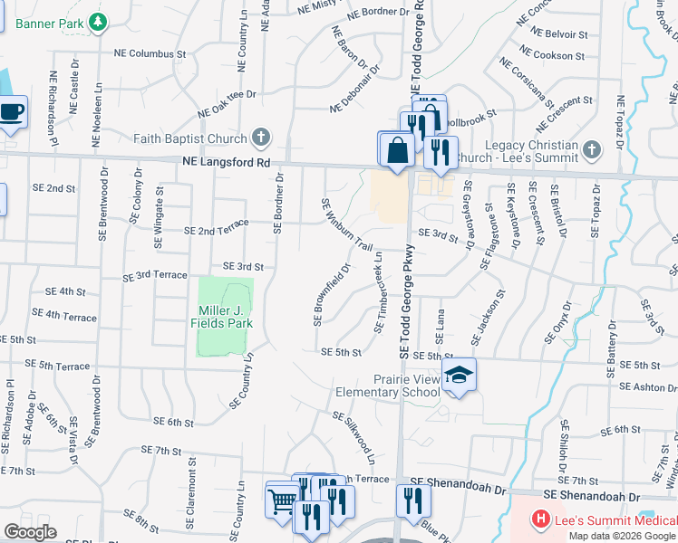 map of restaurants, bars, coffee shops, grocery stores, and more near 304 Southeast Brownfield Drive in Lee's Summit