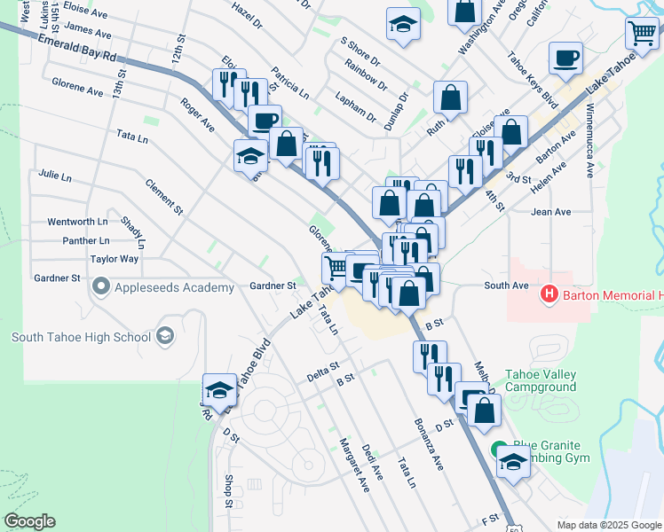 map of restaurants, bars, coffee shops, grocery stores, and more near 970 Glorene Avenue in South Lake Tahoe