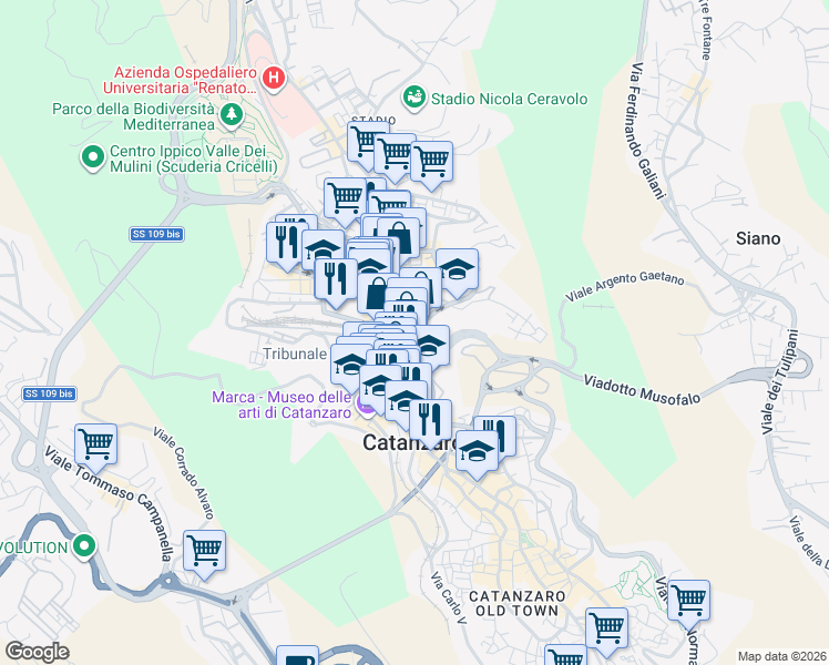 map of restaurants, bars, coffee shops, grocery stores, and more near Via Gaetano Alberti in Catanzaro