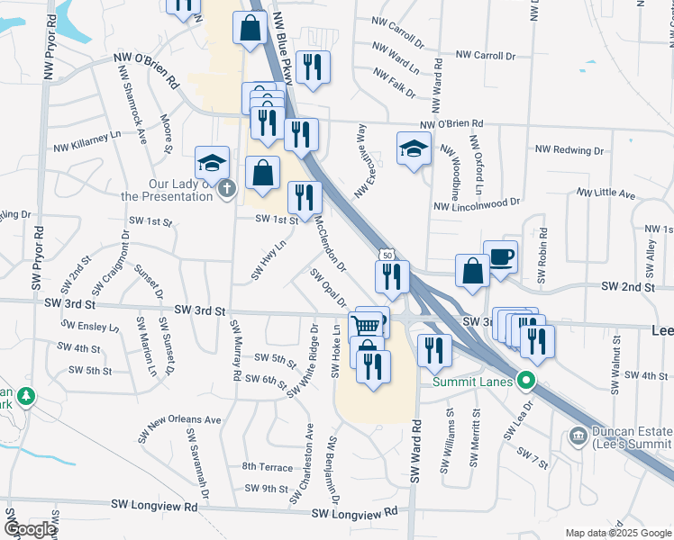 map of restaurants, bars, coffee shops, grocery stores, and more near 208 Southwest McClendon Drive in Lee's Summit