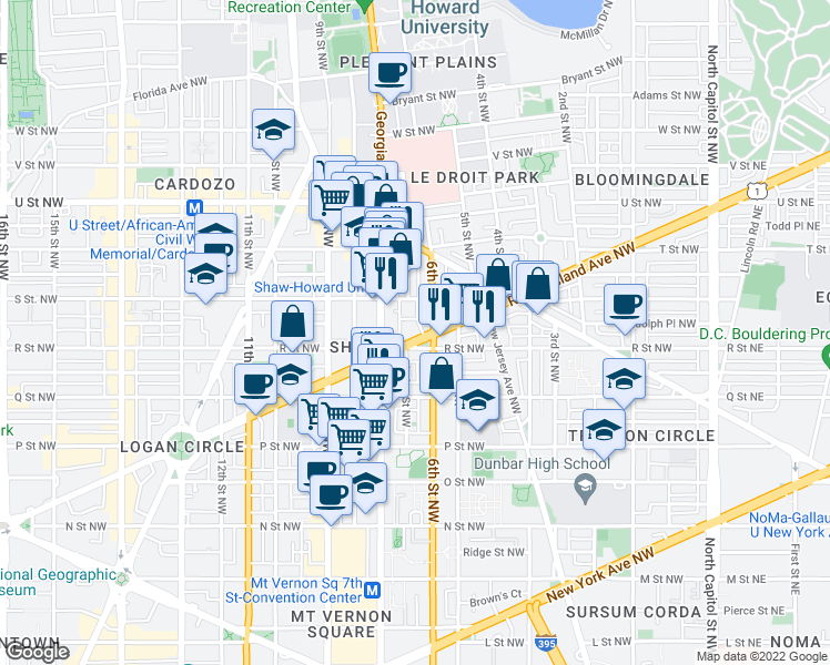 map of restaurants, bars, coffee shops, grocery stores, and more near 613 Rhode Island Avenue Northwest in Washington