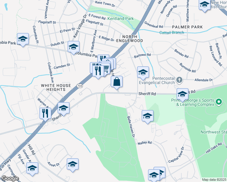 map of restaurants, bars, coffee shops, grocery stores, and more near 7204 Sheriff Rd in Hyattsville