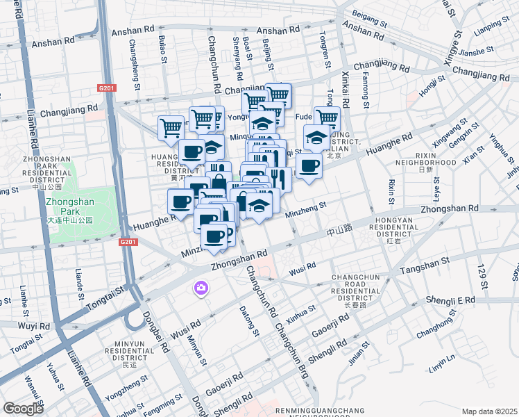 map of restaurants, bars, coffee shops, grocery stores, and more near 121 Shen Yang Lu in Dalian Shi