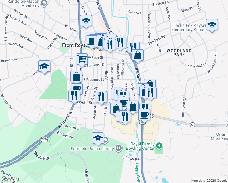 map of restaurants, bars, coffee shops, grocery stores, and more near 332 Blue Ridge Avenue in Front Royal