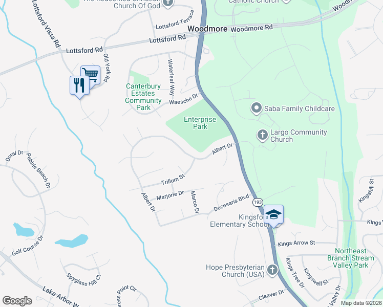 map of restaurants, bars, coffee shops, grocery stores, and more near 1742 Albert Drive in Bowie