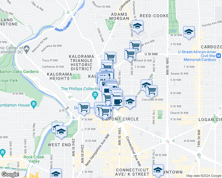 map of restaurants, bars, coffee shops, grocery stores, and more near 1733 20th Street Northwest in Washington