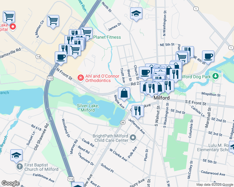map of restaurants, bars, coffee shops, grocery stores, and more near 414 Northwest Front Street in Milford