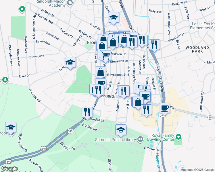 map of restaurants, bars, coffee shops, grocery stores, and more near 327 Pine Street in Front Royal