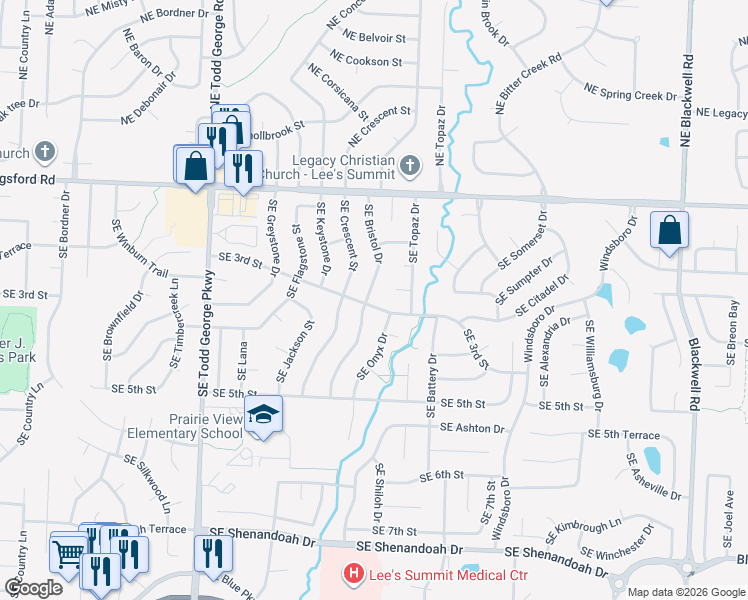 map of restaurants, bars, coffee shops, grocery stores, and more near 237 Southeast Bristol Drive in Lee's Summit