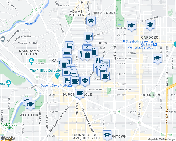 map of restaurants, bars, coffee shops, grocery stores, and more near 1713 18th Street Northwest in Washington