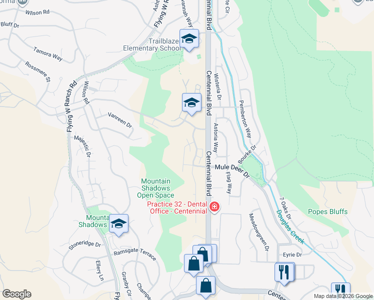 map of restaurants, bars, coffee shops, grocery stores, and more near 5730 Silverstone Terrace in Colorado Springs