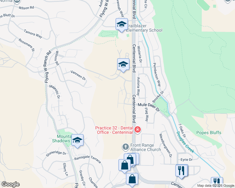 map of restaurants, bars, coffee shops, grocery stores, and more near 5730 Silverstone Terrace in Colorado Springs