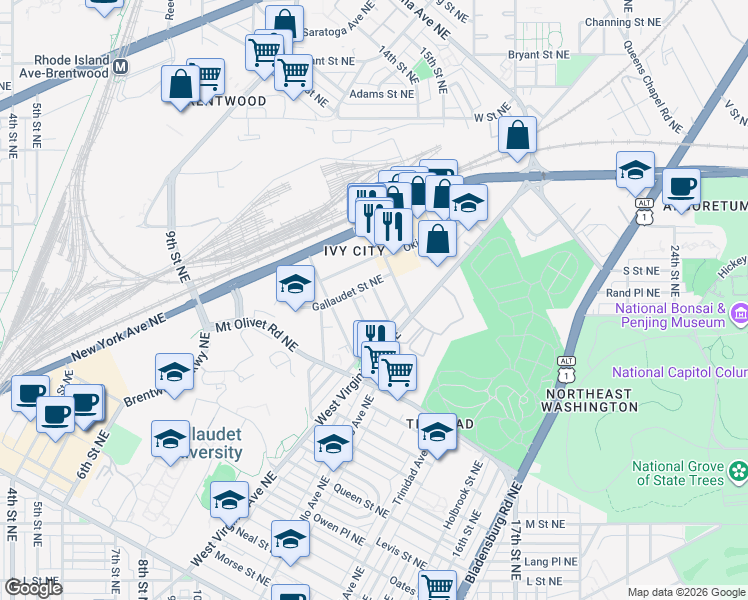 map of restaurants, bars, coffee shops, grocery stores, and more near 101 Independence Avenue Southeast in Washington