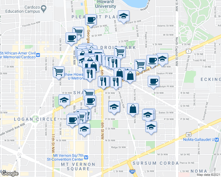 map of restaurants, bars, coffee shops, grocery stores, and more near 101 Independence Avenue Southeast in Washington