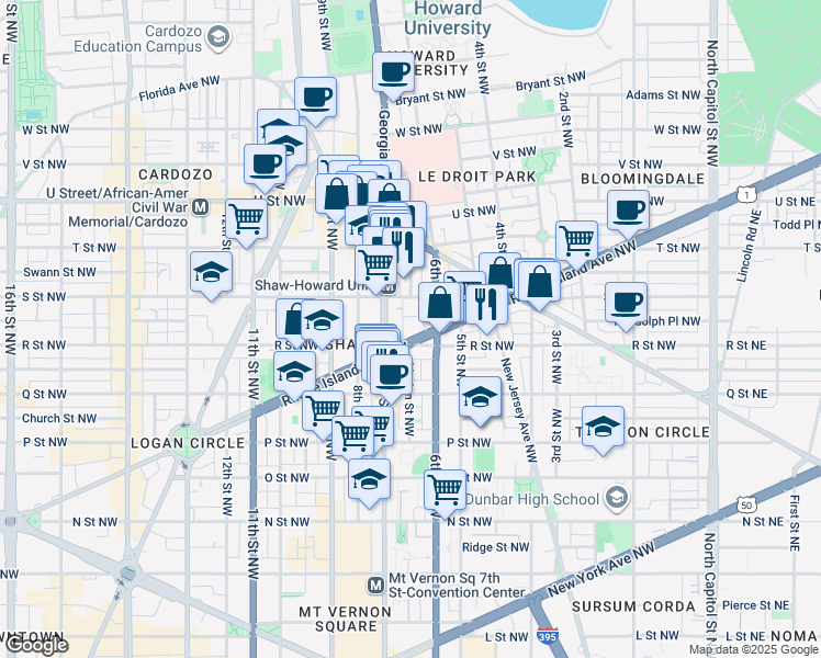 map of restaurants, bars, coffee shops, grocery stores, and more near 101 Independence Avenue Southeast in Washington