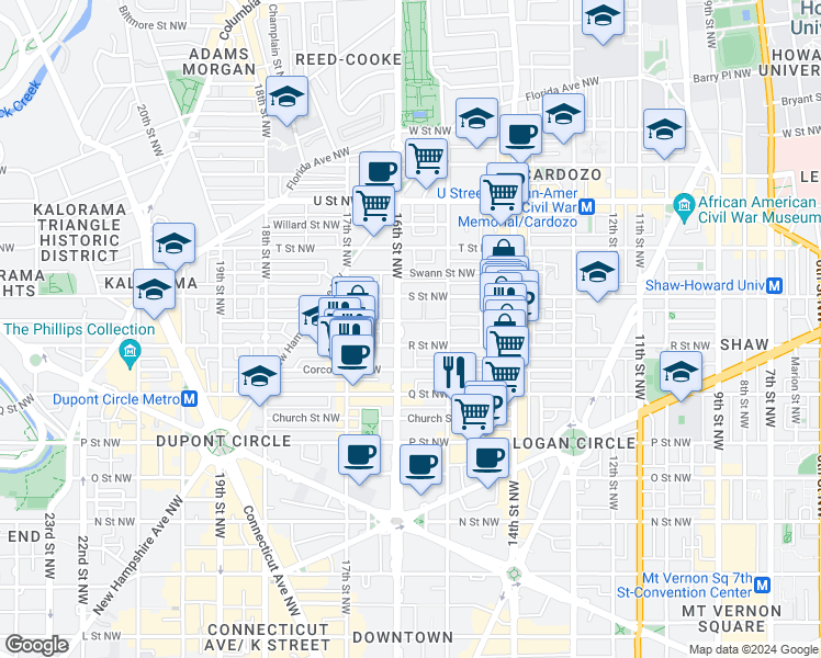 map of restaurants, bars, coffee shops, grocery stores, and more near 1517 R Street Northwest in Washington