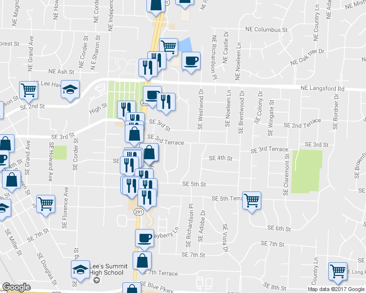 map of restaurants, bars, coffee shops, grocery stores, and more near 313 Southeast Ridgeview Drive in Lee's Summit
